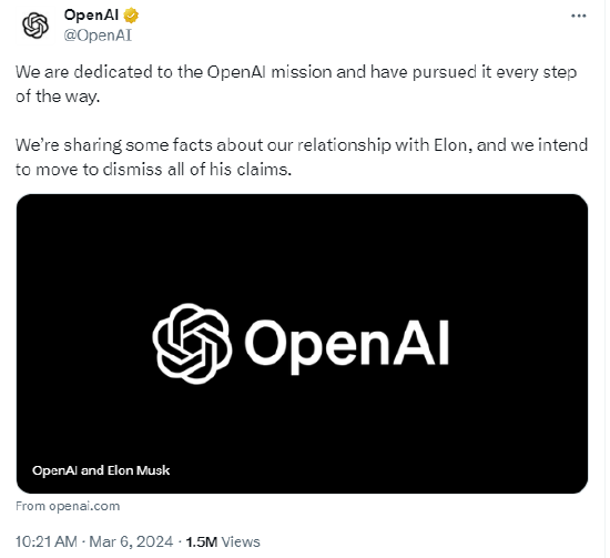OpenAI发长文回击马斯克起诉：怎么就从支持者变成了仇人